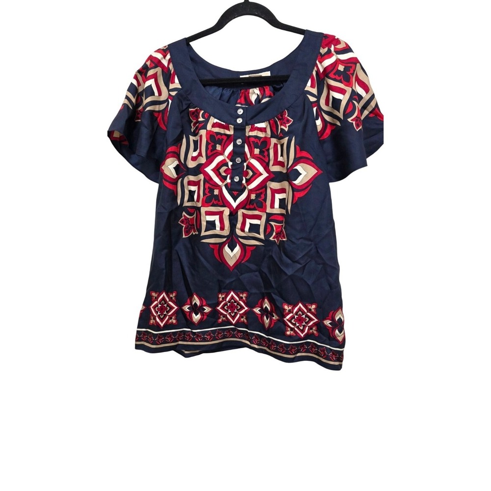 Michael Michael Kors Women's Navy & Red Geometric Print Blouse 100%‎ Silk Size L